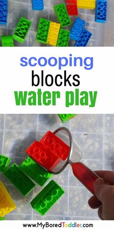 a hand holding a magnifying glass with lego blocks on it and the words scooping blocks water play