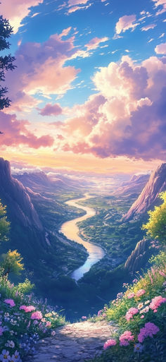 a painting of a river flowing through a valley