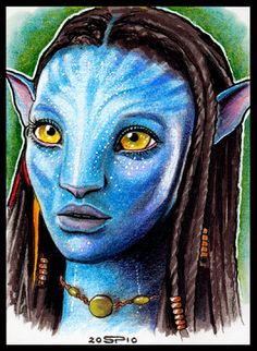 a drawing of a woman with blue skin and yellow eyes