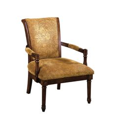 a wooden chair with an ornate upholstered back and arm rests against a white background