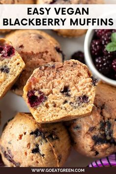 blueberry muffins stacked on top of each other with the words easy vegan blackberry muffins