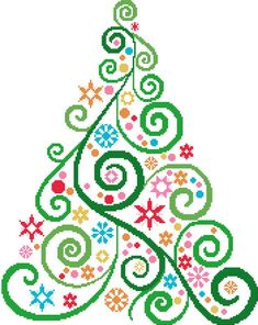 a cross stitch christmas tree with swirls and snowflakes