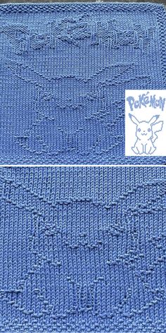 a blue knitted blanket with an image of a pokemon character on the front and back