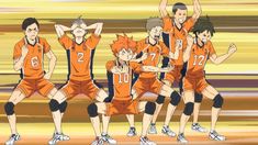 an animated image of some people in orange uniforms and one is holding his hands up