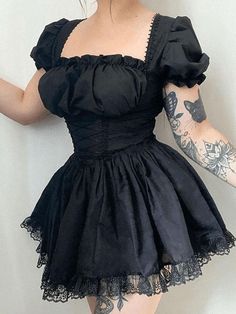 Lace Cute Puff Sleeve Dress Puff Sleeve Corset Tie Mini Dress - AnotherChill Mini Dress Design, Black Corset Dress, Mini Wedding Dresses, Lace Summer Dresses, Punk Dress, Style Royal, Estilo Real, Lace Trim Shorts, Grunge Outfit