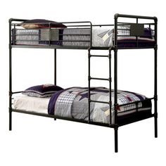 two bunk beds with metal frames and mattresses