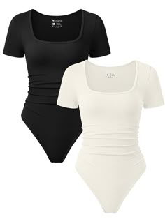 PRICES MAY VARY. Material - This short sleeve ruched bodysuits is made of 90% nylon,10% spandex. Llight weight, super soft and high-stretch fabric with a second-skin feel. Design - Going out bodysuits for women.waist ruched, slim fit, short sleeve, square neck, solid color. This bodysuits is the must-have item in wardrobe. Matching - Casual comfort bodysuits for women, matching with jacket, shorts, jeans, leggings, cargo pants or cardigan.Perfect for daily casual wear. Occassion - Basic bodysuits great for women, juniors, teens, girls. streetwear, home, school, office, street, beach, party, club, shopping, dating, holiday, vacations. Package and Size: 2 x Women's short Sleeve Ruched Bodysuits. Pleases refer to our size chart to choose the right one. High elasticity and snap-button fastenin Cargo With Bodysuit, Bodysuit Black Short Sleeve, Oqq Bodysuit Outfits, Body Suits For Women, Cute Clothes Women, Body Suits Outfits, Black Body Suit Outfits, Clothing Basics For Women, Cute Bodysuit Outfits