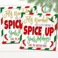 two christmas tags with the words spice up and love the jalapenos