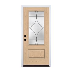 a wooden door with glass panels on the front and side panel, in light wood