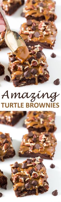 chocolate turtle brownies with caramel drizzle and pecans are stacked on top of each other