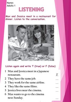 a pink and white flyer with an image of a man and woman sitting at a table