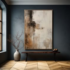 a painting hanging on the wall next to a wooden bench