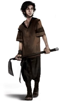 a drawing of a man with an ax in his hand and wearing a brown shirt