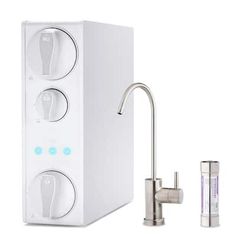 a water dispenser with two faucets next to it on a white background