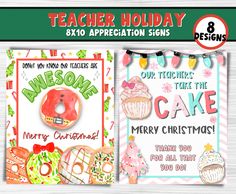 two christmas cards with the words teacher holiday and an image of cupcakes on them