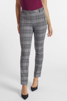 THIS ITEM IS FINAL SALE AND CANNOT BE RETURNED OR EXCHANGED. The Julie Pant brings lots of personality with fun details that complement this exciting plaid print. Style #128P089 DETAILS Woven plaid in black, white, grey and burgundy Side zipper with button detail Waistband and belt loops Faux front pockets Wide bottom cuff Wrinkle resistant CONTENT + CARE 66 % Polyester, 29% Viscose, 3% Elasthane, 2% Acrylic *Dry clean recommended Machine wash cold inside out. No bleach. Line dry. Cool iron. SIZ Print Style, Plaid Print, Button Detail, Parachute Pants, Side Zipper, Final Sale, Inside Out, Bleach, Dry Clean