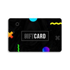 a black gift card with colorful shapes on it