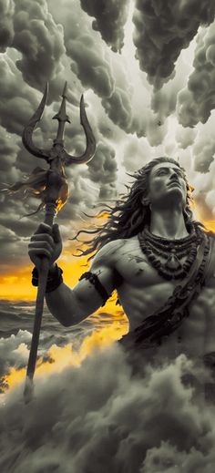 a man with long hair holding a spear in the clouds