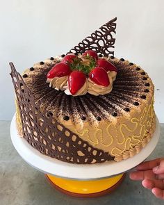 a chocolate cake with strawberries on top is being held by someone's hand