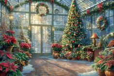 a painting of christmas trees and potted plants in front of a large glass window