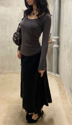 Semi Alt Outfits, Brown Skirt Ideas Outfit, Black Maxi Skirt Outfit Casual, Modest Fall Skirt Outfits, The Marias Concert Outfit Submarine, Pants And Dress Combo, Cute Modest Winter Outfits, Southern Gothic Aesthetic Outfits, Long Skirt Inspo Outfit