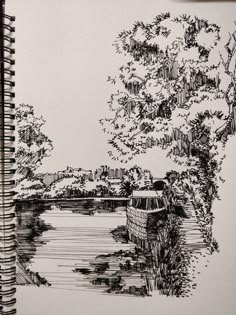 a pencil drawing of a river with trees in the background and a boat on the water