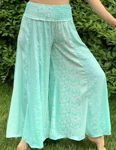 Soft, elegant sari wide leg pants. These lightweight, flowy pants are so comfortable! Stretchy, smocked waist. S/M = sizes up to 4, 38" long, M/L = sizes 6-8, 39" long, L/XL sold out Sari Pants, Flowy Pants, Robins Egg, Robins, Aqua Blue, Leg Pants, Lace Skirt, Dream Closet, Wide Leg Pants