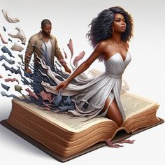 a woman in a white dress standing on top of an open book next to a man