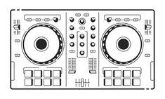 the front view of a dj controller with buttons and knobs in black on a white background