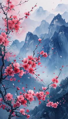 a painting of pink flowers in front of mountains