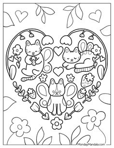 a coloring page with hearts and cats in the center, surrounded by flowers and leaves