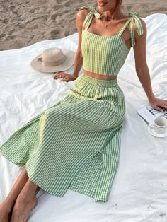 Green Boho Collar Sleeveless  Gingham  Embellished Non-Stretch Spring/Summer Women Co-ords Summer Top Inspiration, Cute Tops To Wear With Skirts, Two Piece Summer Dress, Skirt And Top Co Ord, Gingham Tops For Women, Gingham Two Piece Outfit, Green Gingham Skirt, Sewing Two Piece Outfit, How To Style Sleeveless Top