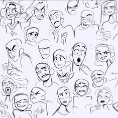 a bunch of cartoon faces drawn in black and white