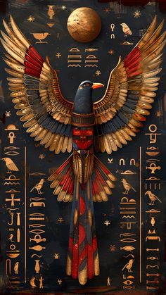 an egyptian bird with gold and red feathers on it's wings, surrounded by egyptian symbols