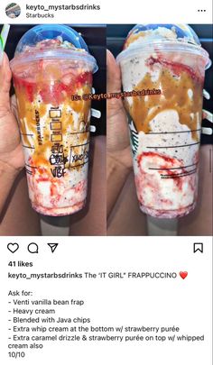 someone holding up two cups with different toppings on them