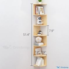 a wooden shelf with three shelves on each side and a potted plant in the middle