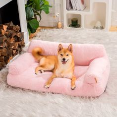 a dog laying on top of a pink bed in a living room next to a fireplace