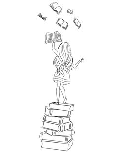 a girl standing on top of a stack of books with an open book above her head