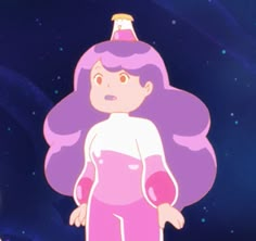 a cartoon character with purple hair standing in front of stars