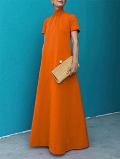 Vestidos largos elegantes, sueltos, brillantes y de manga corta A Line Long Dress, High Neck Maxi Dress, Office Dresses For Women, Elegant Party, Boho Maxi, Floor Length Dresses, Women Long Dresses, Boho Maxi Dress, Vibrant Orange