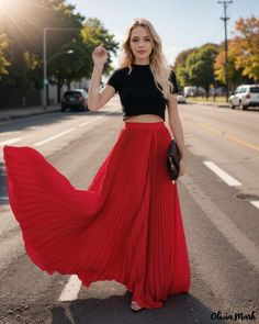 Olivia Mark - High-Waisted Pleated Midi Skirt with Full Swing Hem Red Long Pleated Skirt For Spring, Red High-waist Pleated Skirt For Spring, Red Pleated Bottoms, Red Pleated Maxi Skirt For Summer, Red Pleated High-waist Skirt, Red Full-length Maxi Skirt For Summer, High Waist Red Lined Maxi Skirt, High Waist Red Pleated Lined Skirt, Red High Waist Lined Maxi Skirt