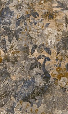 an abstract painting with birds and leaves on it