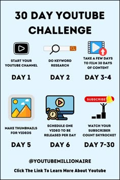 Youtube tips to grow your channel 30 Day Video Editing Challenge, Challenges For Youtube, 30 Day Youtube Challenge, Challenge Videos Youtube Ideas, Vloggers Youtubers Aesthetic Background, How To Be A Successful Youtuber, 30 Day Content Challenge, Video Editing Tips And Tricks, Easy Youtube Video Ideas