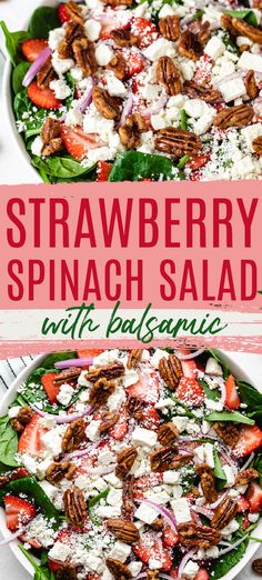 strawberry spinach salad with feta cheese and pecans in a white bowl on a table