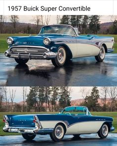 two pictures of an old blue and white car in the rain, one is older than the other