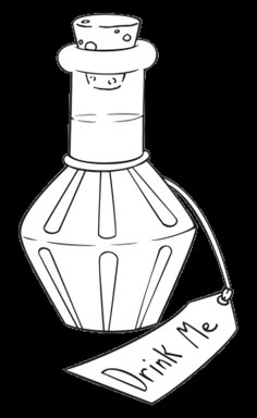 an ink drawing of a bottle of perfume with a name tag on the front and bottom