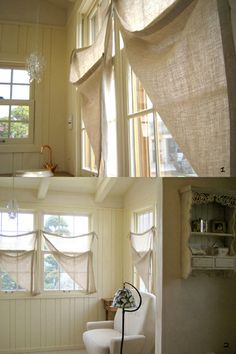 two pictures of the inside of a house, one with curtains on it's windows