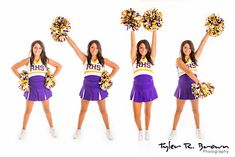 the cheerleaders are posing in their purple and yellow outfits for this photo shoot