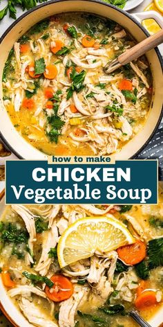 chicken vegetable soup in a bowl with lemons, carrots and parsley on the side