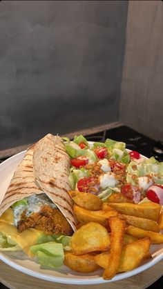 a white plate topped with a burrito and french fries next to a bowl of salad